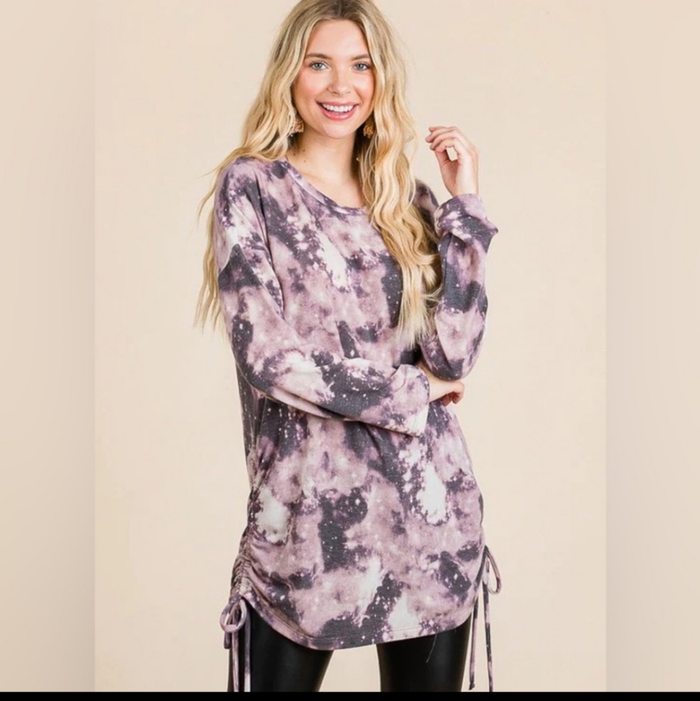 Galaxy Purple Tie Dye Side String Tie Tunic Top